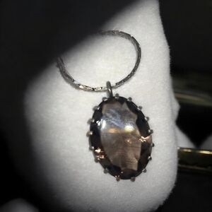 Antique Sterling Silver Large Smoky Quartz Brown Gemstone Pendant Neckalace 22"L